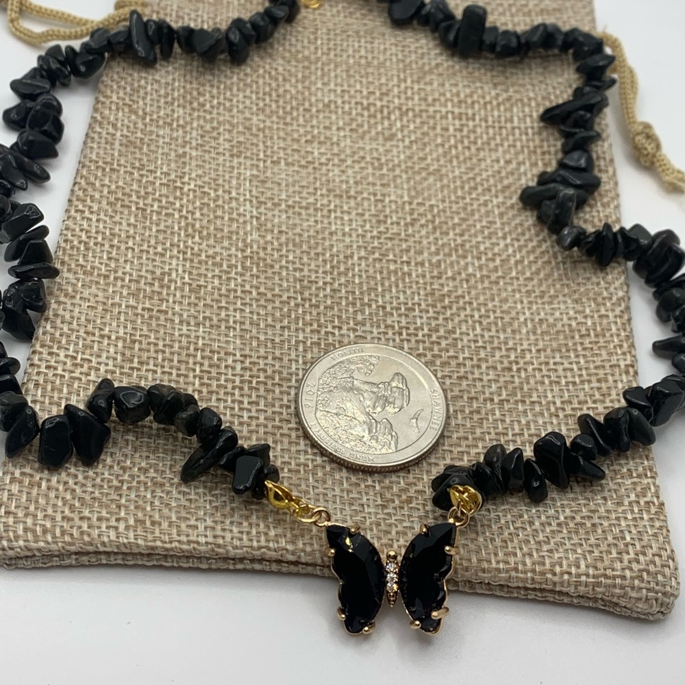Black Obsidian Butterfly Necklace Crystal Butterfly Necklace Black Butterfly - Picture 2 of 3